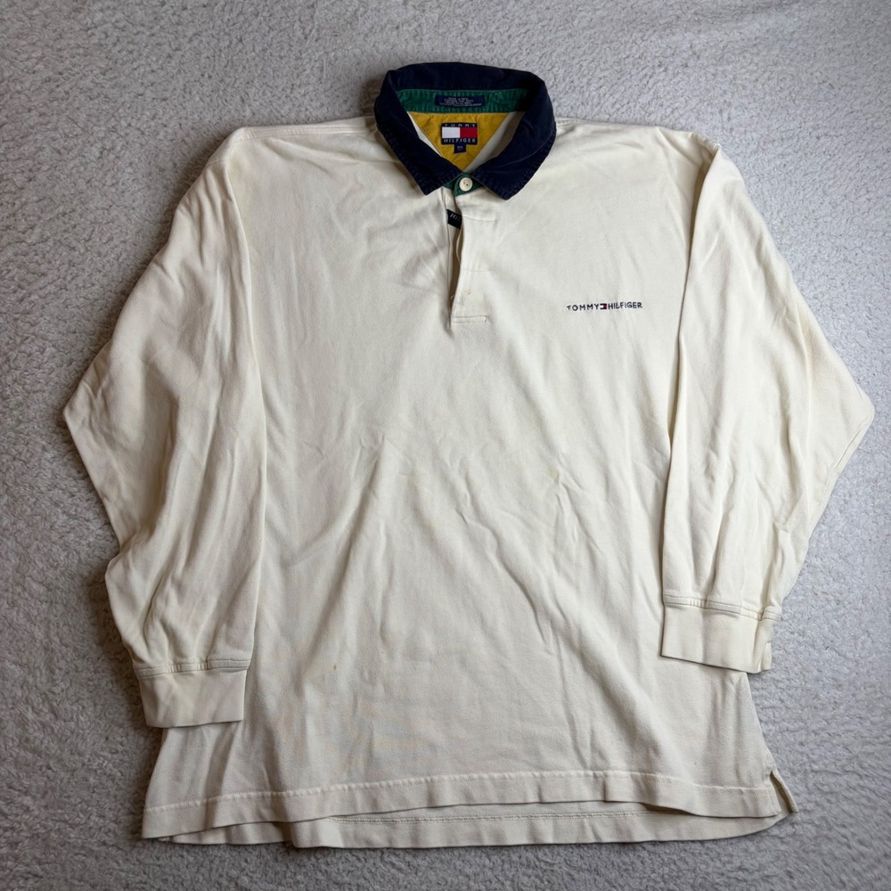 Vintage Tommy Hilfiger Rugby Shirt Mens XXL Cream Long Sleeve Corduroy Collar